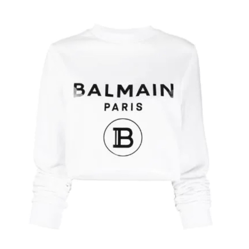 Balmain White Logo Print Cropped Top Cotton Sweatshirt S